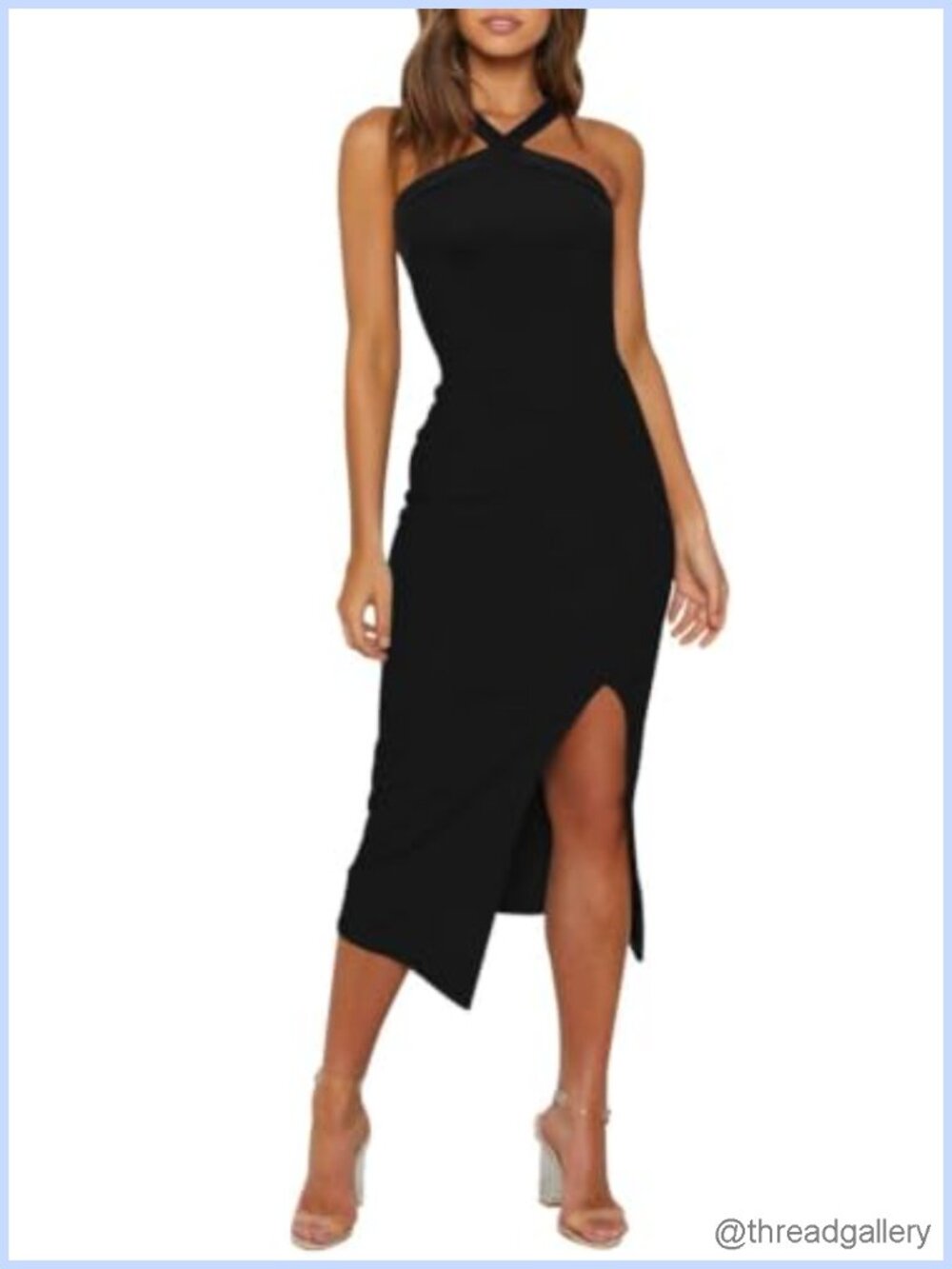 Halter Neck Bodycon Midi Dress Side Slit High Waist Cocktail Formal Party